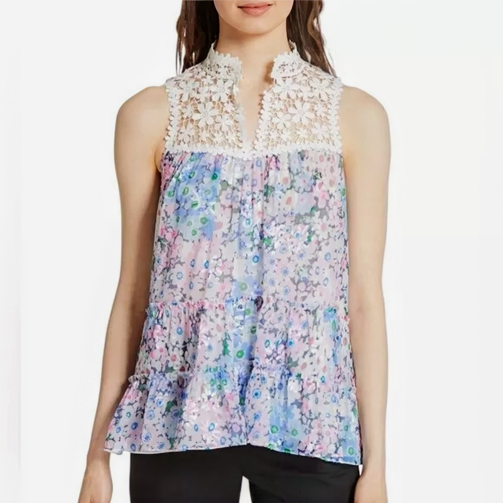 KATE SPADE Silk Lace Devore Blouse WOMEN'S L Pink Daisy Floral Romantic Ruffles - Picture 4 of 16